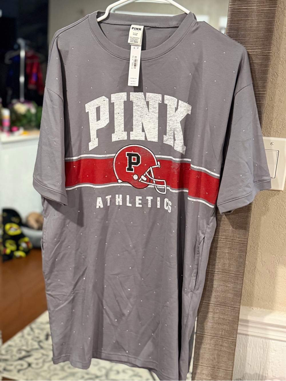 PINK Victoria's Secret sz Small T-shirts dress NEW BEDAZZLED Gray Red Stripe